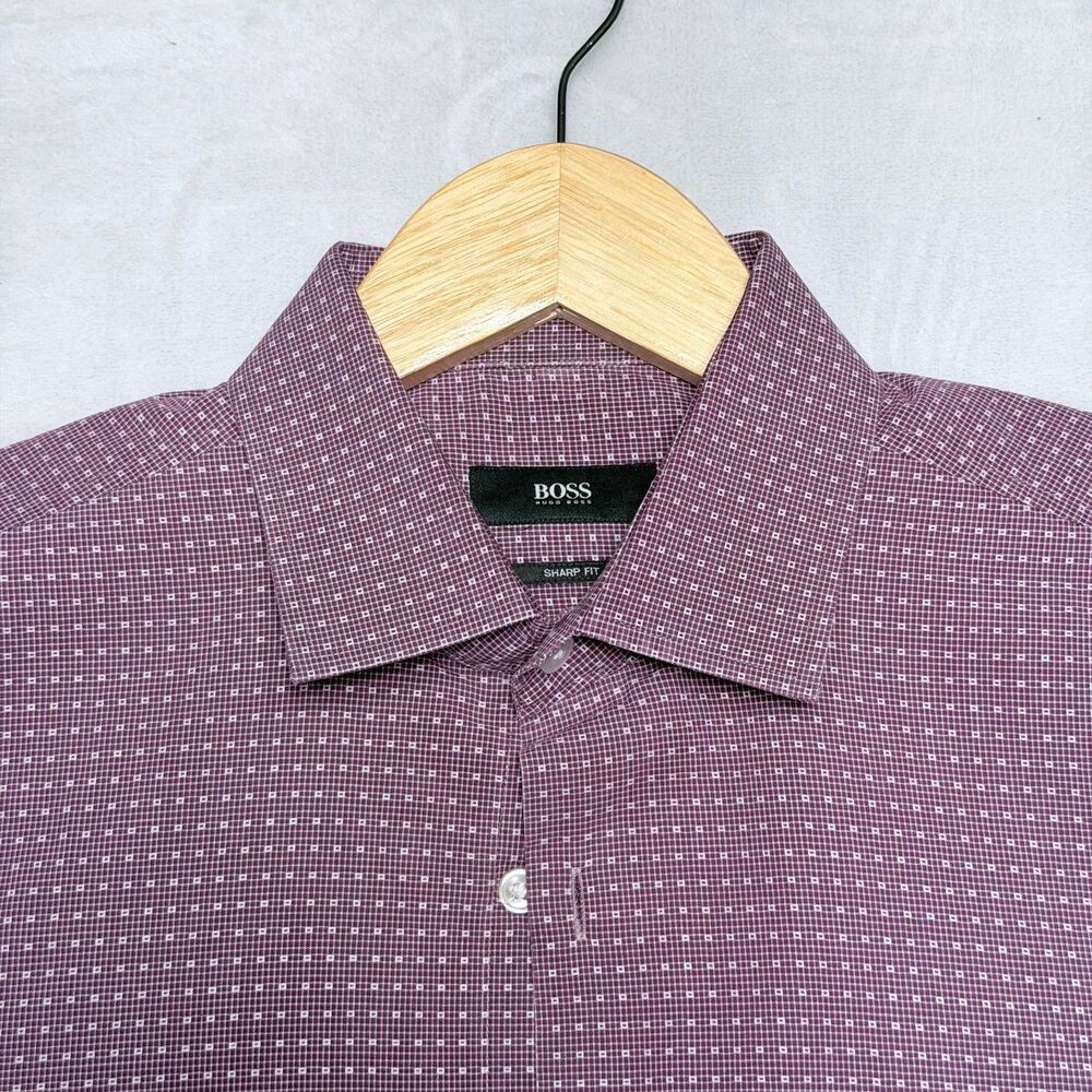 BOSS Hugo Boss Mens 15.5 32/33 Sharp Fit Shirt Maroon Red Microcheck Easy Iron